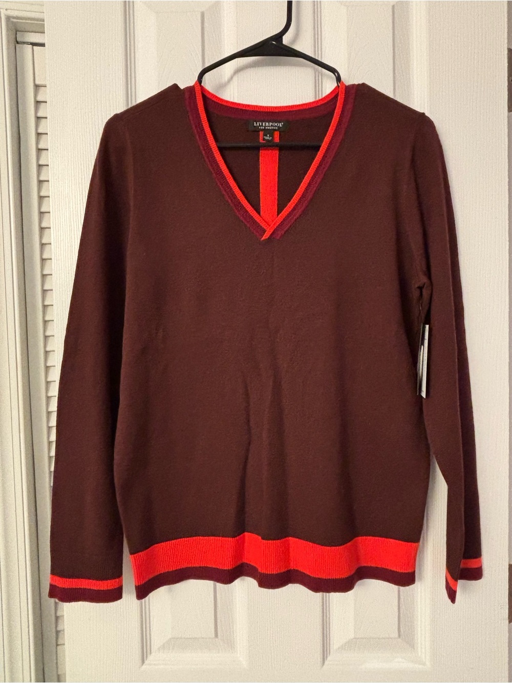 Liverpool V-Neck Men’s Sweater in Brown with Red Trim NWT Sz Small